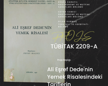 İnsan ve Toplum Bilimleri Fakültesi Türk Dili ve Edebiyatı Bölümü Lisans öğrencisi Dilan Durmuş'un bursiyerler arasında bulunduğu ''Ali Eşref Dede'nin Yemek Risalesindeki Tariflerin Uyarlanması'' başlıklı proje, TÜBİTAK 2209-A - Üniversite Öğrencileri Araştırma Projeleri Destekleme Programı kapsamında destek hakkı kazanmıştır. Proje danışmanı, İstinye Üniversitesi Güzel Sanatlar, Tasarım ve Mimarlık Fakültesi Gastronomi ve Mutfak Sanatları Bölüm Başkanı Dr. Öğr. Üyesi Çağla Özer'dir.