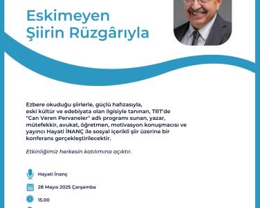 İstinye Üniversitesi İnsan ve Toplum Bilimleri Fakültesi, Türk Dili ve Edebiyatı Bölümü ve Edebiyat ve Münazara Kulübü iş birliğiyle düzenlenen etkinlikte Hayati İNANÇ, "Eskimeyen Şiirin Rüzgârıyla" başlıklı bir konferans verecektir. Özellikle TRT’deki “Can Veren Pervaneler” programıyla bilinen yazar, mütefekkir, avukat, öğretmen, motivasyon konuşmacısı ve yayıncı Hayati İNANÇ, klasik şiir geleneğinden hareketle sosyal içerikli şiir üzerine yorumlar sunacaktır. Etkinliğimiz herkesin katılımına açıktır.