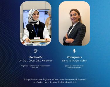 Değerli İstinyeliler, İstinye Üniversitesi İngilizce Mütercim ve Tercümanlık Bölüm Başkanlığı tarafından 16 Mayıs 2025, Cuma günü, saat 14.30'da çevrimiçi gerçekleştirilecek olan "Türkiye'de Türk İşaret Dili Eğitimi ve Tercümanlığı" konuşmasına davetlisiniz. Etkinlik: Türkiye'de Türk İşaret Dili Eğitimi ve Tercümanlığı Etkinliği Düzenleyen: İngilizce Mütercim ve Tercümanlık Bölümü Etkinlik Tarihi: 16 Mayıs 2025, Cuma Etkinlik Saati: 14.30 Etkinlik Yeri: Çevrimiçi Etkinlik linki: https://zoom.us/j/9243178